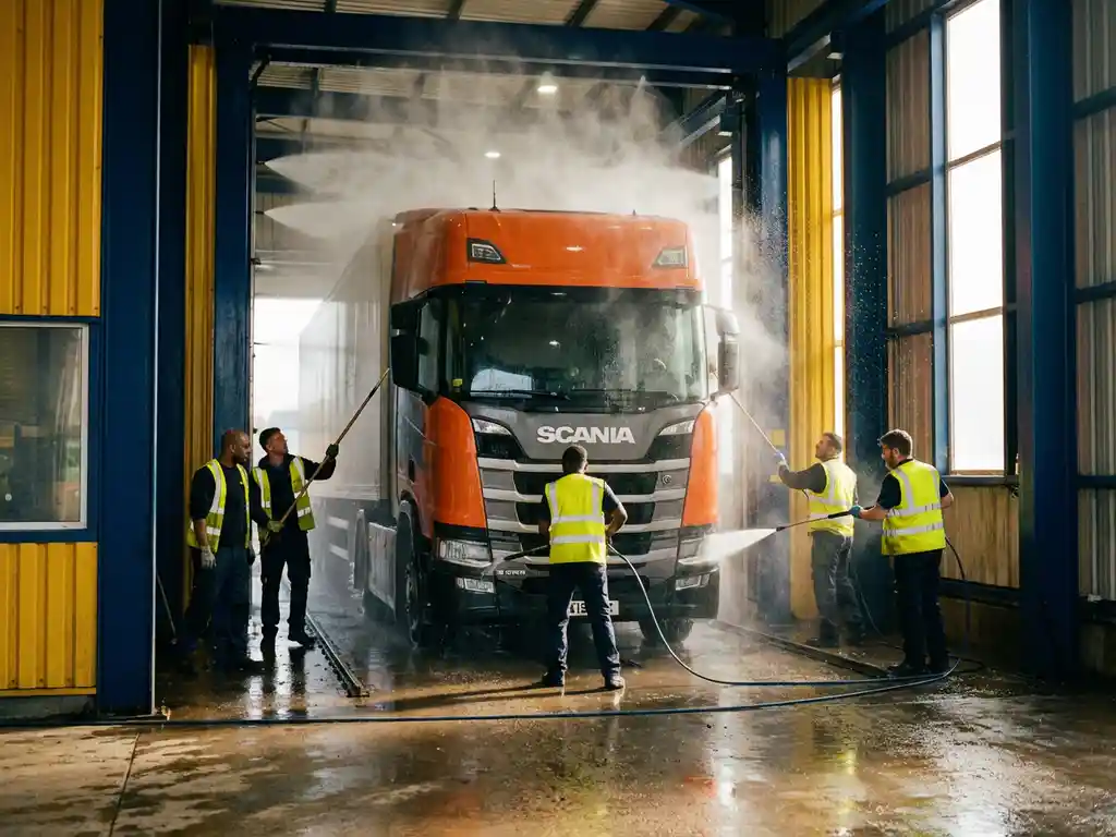Grote Europese vrachtwagen wordt gewassen in professionele wasstraat door onderhoudsploeg in gele veiligheidsvesten