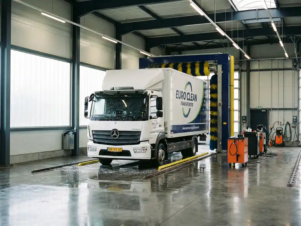 Witte Europese vrachtwagen in moderne wasstraat met industriële apparatuur en LED-verlichting