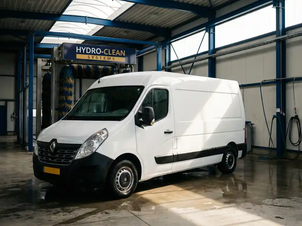 Witte bestelwagen in moderne wasstraat met industriële apparatuur en natuurlijk licht door grote ramen